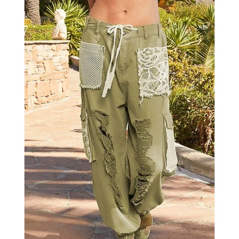 POL Upcycled Boho Cargo Pants M Crochet Lace Trim Festival Cottagecore